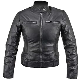 Womens Collarless Waist Length Black Leather Jacket
