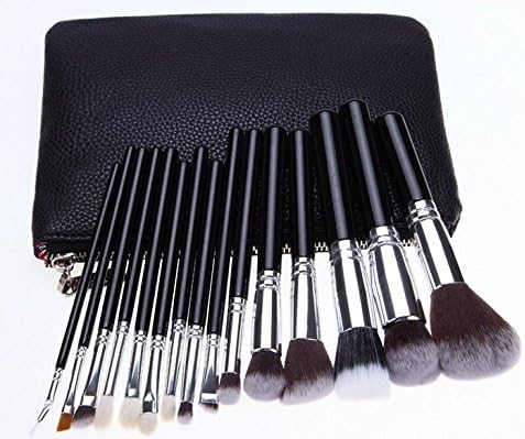 Sping High Quality 15Pcs Makeup Brush Set Kit Silky Density Synthetic Bristles Cosmetic Kit + Free Soft Brown Leather Case Versatile For Face,eye,lips Flawless Beauty (Black Silver) (Black-Silver)