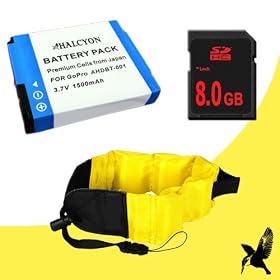 Halcyon 1500 mAH Lithium Ion Replacement Battery + 8GB SDHC Class 10 Memory Card + Waterproof Floating Strap for GoPro HD Hero, HD Hero2, HD HERO Naked
