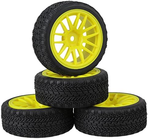 Mxfans RC 1:10 Car Black High Grip Rubber Tyre &amp; Yellow Plastic 14-Spoke Wheel Rims for On-Road Vehicle Pack of 4