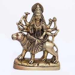 Religious Statue Goddess Durga Brass Sculpture Sitting on Lion 5.5 inches (durgab018)