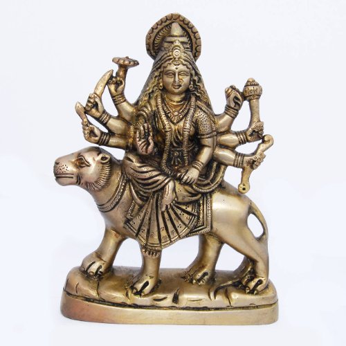 Religious Goddess Durga Brass Sculpture Sitting on Lion