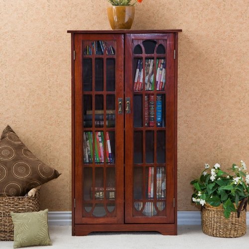 Media Storage Cabinet Windowpane Doors in Cherry Finish