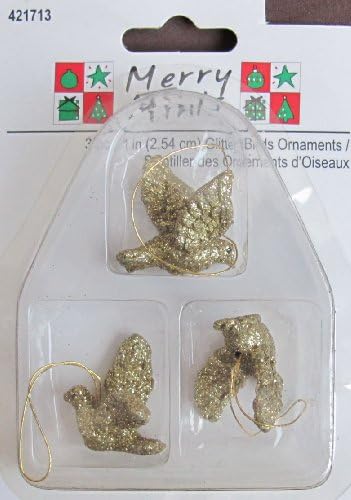 Merry Minis PACK of 3 GLITTER BIRD ORNAMENTS: 3 Glittery Golden BIRDS 1" (Each) w Gold Thread Hanger