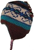 Small Kids Wool Chullo Fleece Lined Ski Hat Toque with Ear Flaps Winter Knit Beanie Mountaineering Skull Cap - Brown / Aqua / White - Blue Loop
