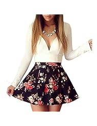 Sexy V-neck Cotton/Polyester Illusion Floral Print Flared-Skirt Cocktail Short Skater Dress/Club Dress/Mini Dress 