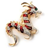 Huge Ornate Crystal Enamel Chinese Dragon Brooch (Gold Tone)
