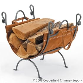 Woodfield Vintage Iron Log Rack with Leather Carrier Wood Holder for Fireplace by Aiden's Hearth