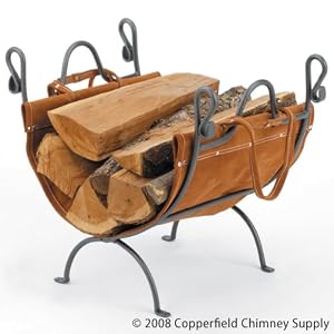 Woodfield Vintage Iron Log Rack with Leather Carrier Wood Holder for Fireplace