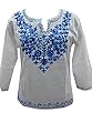 White Tunic Yoga Top Blue Embroidered Kurta Medium