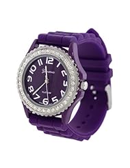 Purple Silicone Gel Ceramic Style Band Crystal Bezel Womens Watch