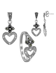 Sterling Silver Flower and Heart Marcasite Jewelry Set Ring Size 6.5