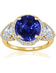 18K Yellow Gold Round Cut Blue Sapphire Ring With Sidestones