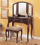 Queen Anne Victorian Style CHERRY Finish VANITY SET WITH TRI-MIRROR AND MATCHING STOOL