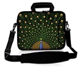 15 Inch Classic Green Peacock DOUBLE Sided Print Design Dual Compartment Laptop Carrying Case Notebook Slipcase Bag Netbook Sleeve Cover + Detachable Padded Adjustable Shoulder Strap for Macbook Pro Vaio Acer Asus Dell HP Sony Toshiba