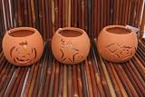 Halloween Terra Cotta Votive - Set Of Three-Star, Pumpkin and Bat-including Flickering LED Flameless Candle and Free Dracula Mug!