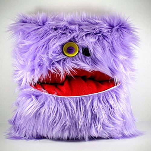 Furry Purple Monster Pillow with Zipper Mouth and Button Eyes