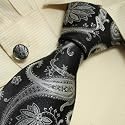 S3003 Designer Hand Made Black Silver Paisleys Necktie Cufflinks Set Ties for Men Jacquard Woven Pure Silk Mens Tie and Cuff Links Gift Tie Set