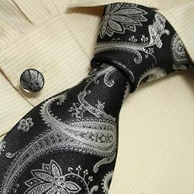 S3003 Designer Hand Made Black Silver Paisleys Necktie Cufflinks Set Ties for Men Jacquard Woven...