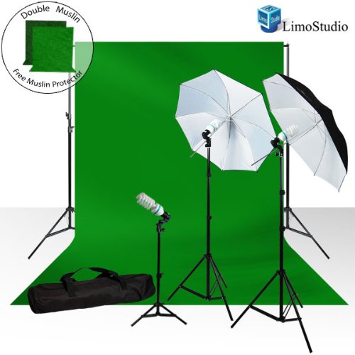 LimoStudio 420 Watt Photography Lighting Light Kit + 10' x 10' 100% Cotton Green Chroma Key Muslin Backdrop Background + LimoStudio Exclusive Green Muslin Protector Photo Portrait Studio Large 40