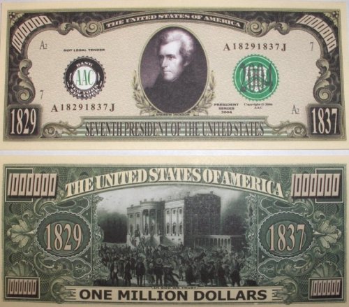 100 dollar bill back and front. President Andrew Jackson Million Dollar Bill. These million dollar bills are professionally printed on the front and ack.