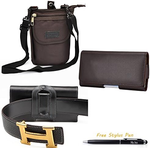 5.5 inch Premium Horizontal Genuine Leather Case Pouch Holster with Magnetic Closure with Belt Clip/Belt Loops+Nylon Oxford Waist Bag Cell Phone Sleeve Cross Body Pack Coffee Small Travel Shoulder Bag