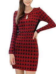 Cutout Fitted Stretchy Round Neck Cotton/Polyester Long Sleeves Sheath Houndstooth Print  Dress
