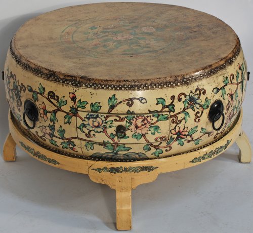 BK0085Y-Asian-Inspired Drum Coffee Table with Stand, Contemporary, China, Elm (Yumu), Asian Furnitur