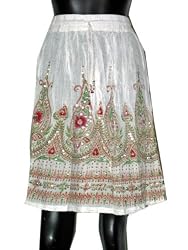Girls Fancy Boho Gypsy Crinkle Mini Skirts White Sequin Floral Motifs 21"