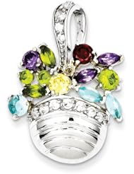Sterling Silver Multi-colored Gemstone Basket Pendant/ Pin