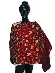 Maroon Crewel Embroidered Shawl Wrap Cashmere Pashmina Wool Throw
