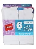 Hanes Girls' Crew Socks 6-Pack, M-White