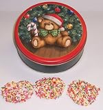 Scott's Cakes White Chocolate Covered Pretzel with Rainbow Jimmies in a Mini Teddy Bear Tin