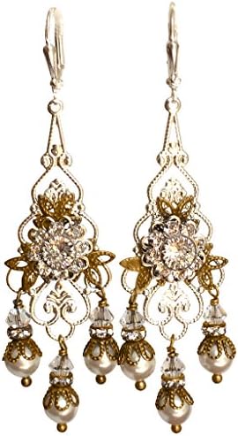 Vintage Bridal Filigree Swarovski Crystal Pearl Chandelier Earrings