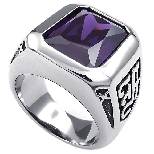 KONOV Mens Crystal Stainless Steel Ring, Classic Gothic, Purple Silver