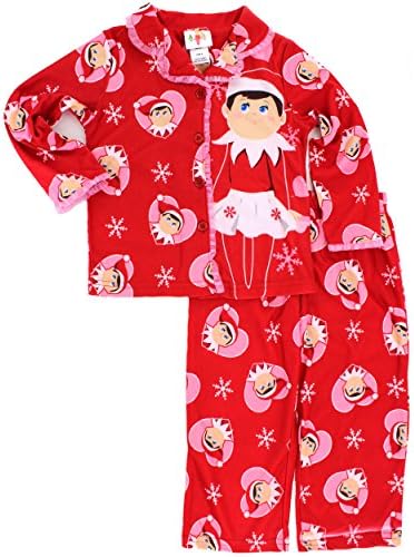 Elf on the Shelf Girls Holiday Flannel Coat Style Pajamas (8, Red Hearts)