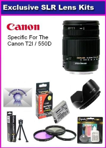 Sigma 18-250mm f/3.5-6.3 DC OS HSM IF Lens Specific for The Canon EOS Rebel T2I 550D Includes PRO HD 3PC Filter Kit + 7 Year Lens Warranty + Flower lens Hood + Extended 2000MAH LP-E8 Battery Pack + More