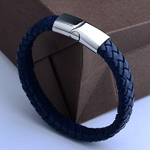 Blue Braided Genuine Leather Wristband 316L Stainless Steel Men's Bracelet
