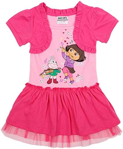 Dora Little Girls' Summer Cartoon Printing Cotton Dresses,Red,6T(5-6Y)