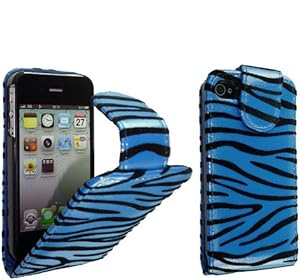 FOR APPLE IPHONE 4 4S STYLISH BLACK AND BLUE ZEBRA EMBOSSED PRINT LEATHER FLIP CASE COVER POUCH