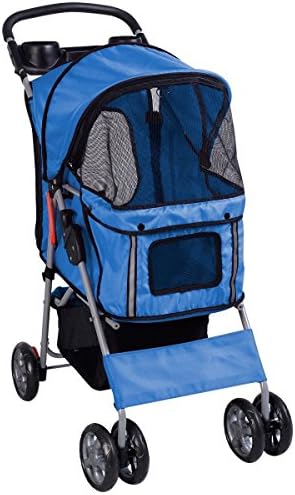 Pet Strollers Cat Dog 4 Wheels Stroller Travel Folding Easy Walk Carrier (Blue)