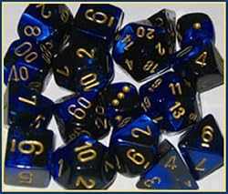 Polyhedral 7-Die Gemini Dice Set: Black & Blue with Gold (d4, d6, d8, d10, d12, d20 & d00)