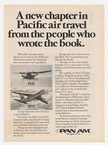 1975 Pan Am Airlines Pacific Air Travel 1935 vs 1975 Print Ad (22823)