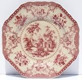 Red Octogonal Fine China Salad Plate Antique French Toile Design