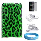 Ipod Touch Green Leopard Crystal Case + Mirror Screen Protector + Car Charger + Wall Charger + Wristband