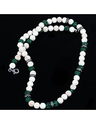 Diamond Pave Green Onyx & Mammoth Beads Carved Strand Necklace Silver Jewelry