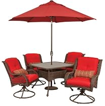 Big Sale Bella Vista 7 Piece Patio Furniture Dining Set with Umbrella and Base (Wicker, Brick Red) by La-Z-Boy Outdoor