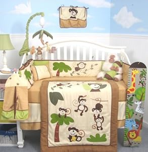 Soho Curious Monkey Baby Crib Nursery Bedding Set 13 Pcs Included Diaper Bag With Changing Pad & Bottle Case