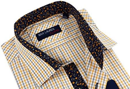 Max Lauren Men's Yellow and Grey Checkered Dress Shirt with Floral Trim in Collar,Large