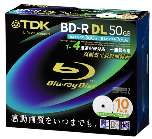TDK 録画用ブルーレイディスク BD-R DL 50GB 1-4倍速対応 ホワイトワイドプリンタブル 10枚入り 5mmケース BRV50PWB10S